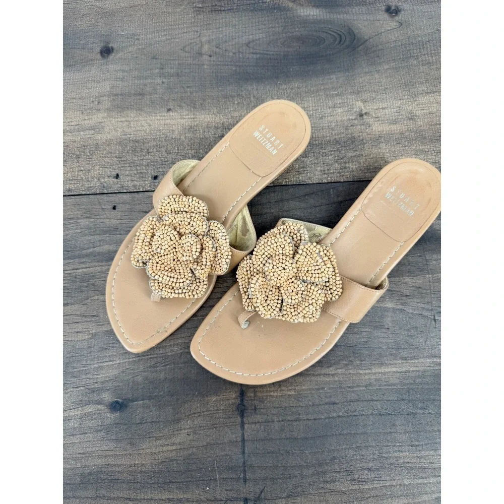 Stuart Weitzman Beaded Flower Thong Wedge Sandals Tan Leather Size 6M